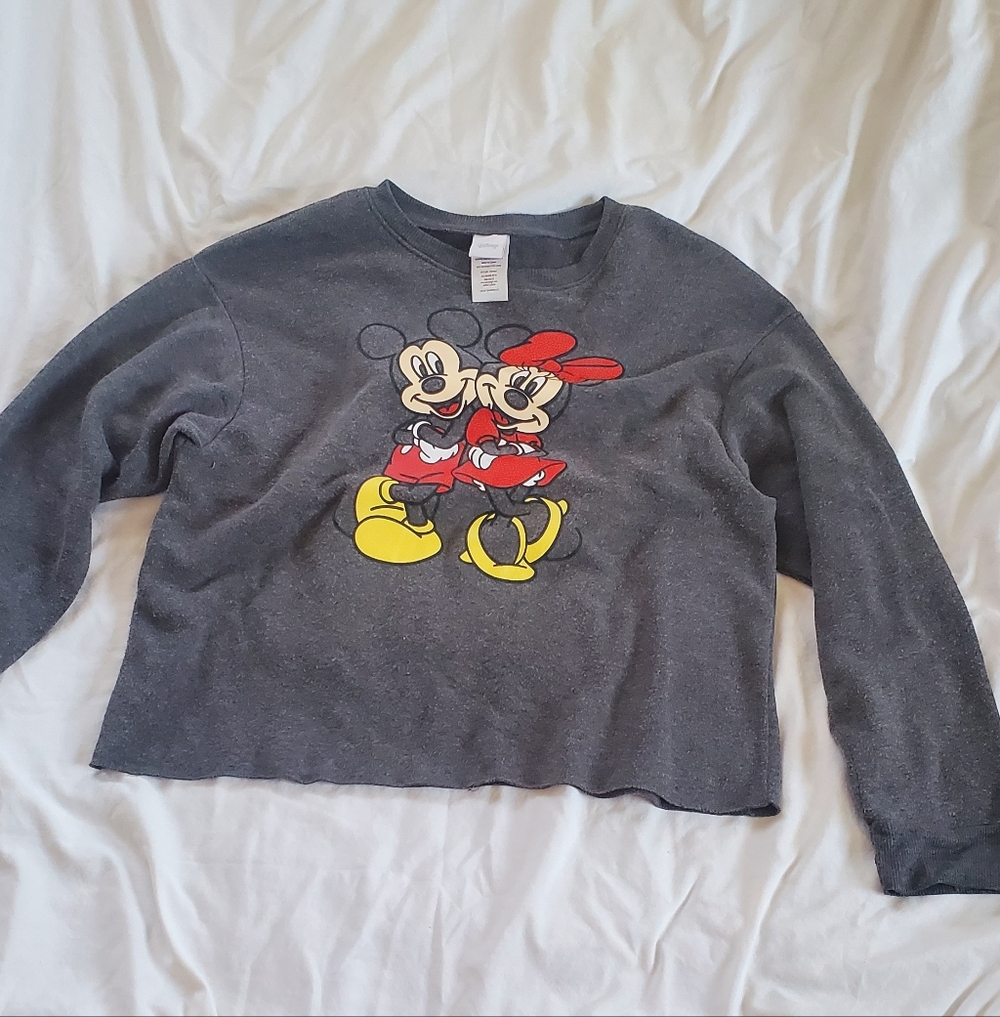 Mickey & Minnie Mouse Chsrcoal Gray Cropped Pullover Sweatshirt, Women's Sz XL